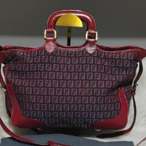 SALE! Fendi Zucchino Canvas Leather Purple/Red Color Combination 2Way & Dust Bag - Picture 3 of 16
